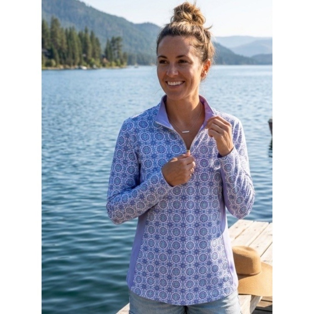 Cabana Life 1/4 Zip Sport Top XL Lavender Geometric UPF 50+ Golf Tennis Beach